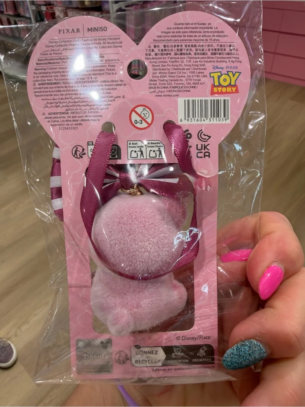 Disney Lotso Pink Plush Bear Sitting Pendant with Striped Bow